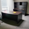 Espresso Bow Front Desk w/ Dual Pedestals & Credenza w/ Overhead